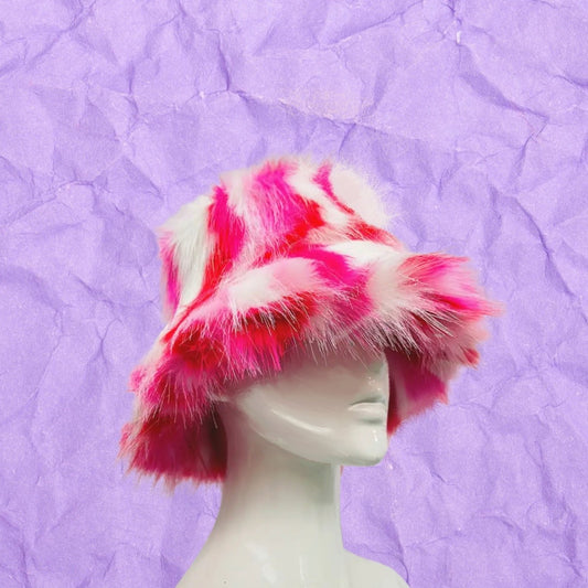 FUZZY BUCKET HAT - Red, White, & Pink